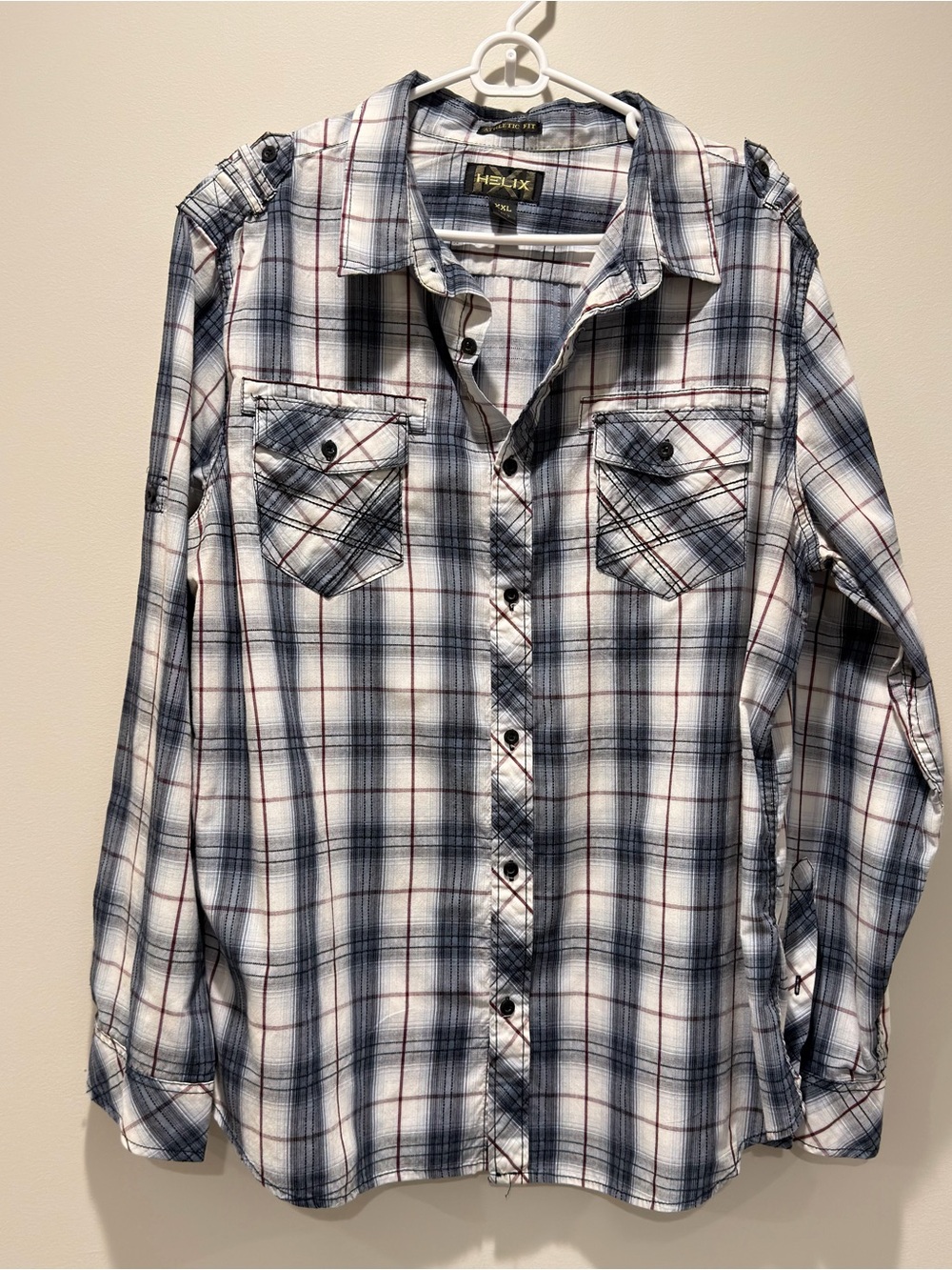 Helix Plaid Button-Down Shirt in White, Navy and Burgundy
